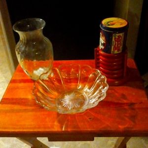 Vintage glassware, vintage tin, wooden coasters